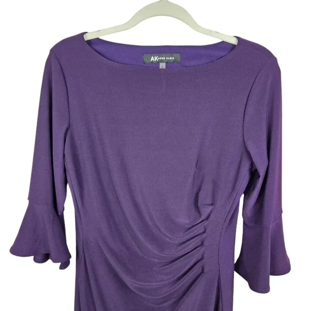 Anne Klein Purple Rouched 3/4 Bell‎ Sleeve Cocktail Evening Dress Size Medium